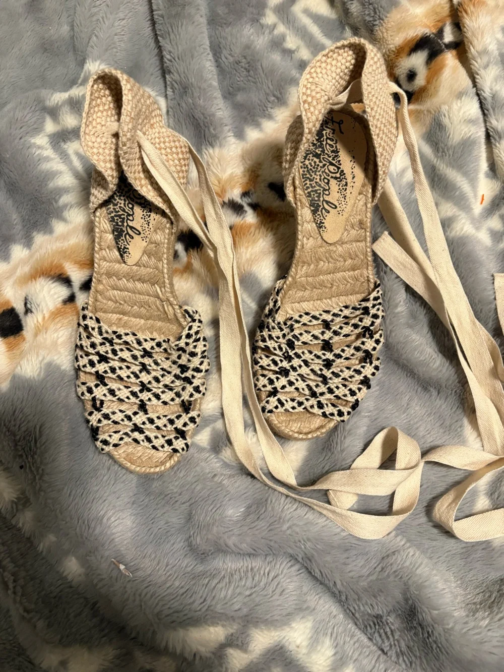 Free People Beige and Black Braided Espadrille Lace-Up Sandals